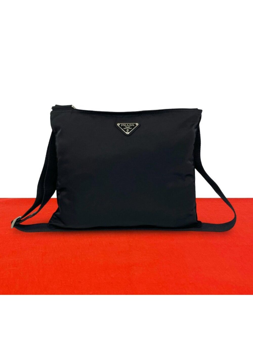 Prada Triangle Logo Tessuto Pocono Nylon Shoulder Bag Crossbody Pochette Black